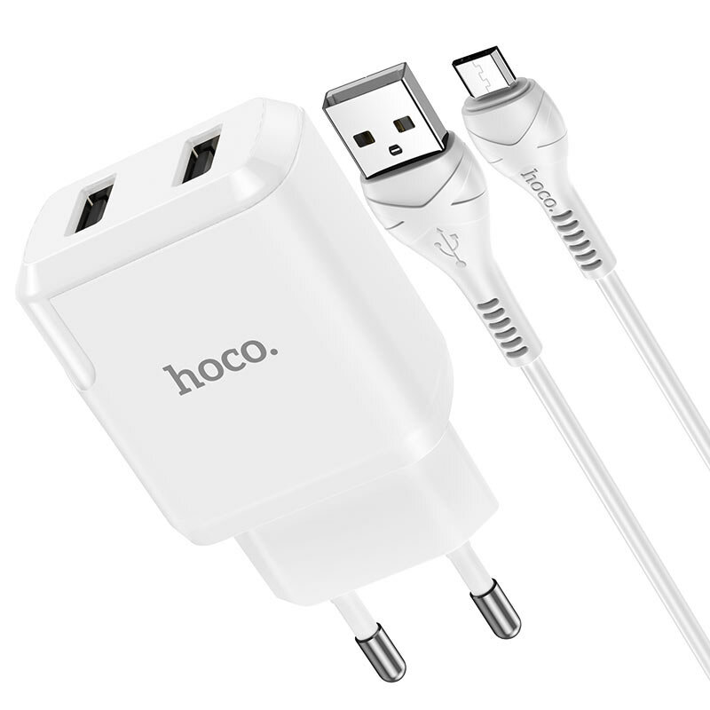 Зарядное устройство Hoco N7 Speedy, 2×USB-A, 5В/2.1А, EU-вилка, огнеупорный корпус, кабель Micro-USB в комплекте