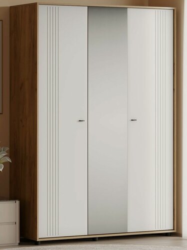 Изображение товара Распашной шкаф Ларенс с полками, с зеркалом, со штангой, 140х56х220 см, Дуб золотой / Белый матовый