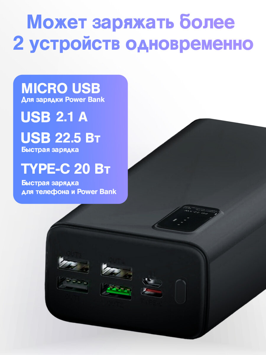 Повербанк 30000 mAh, powerbank, зарядка до 5 устройств, внешний аккумулятор на телефон, пауэр банк для айфона, черный — фото 1