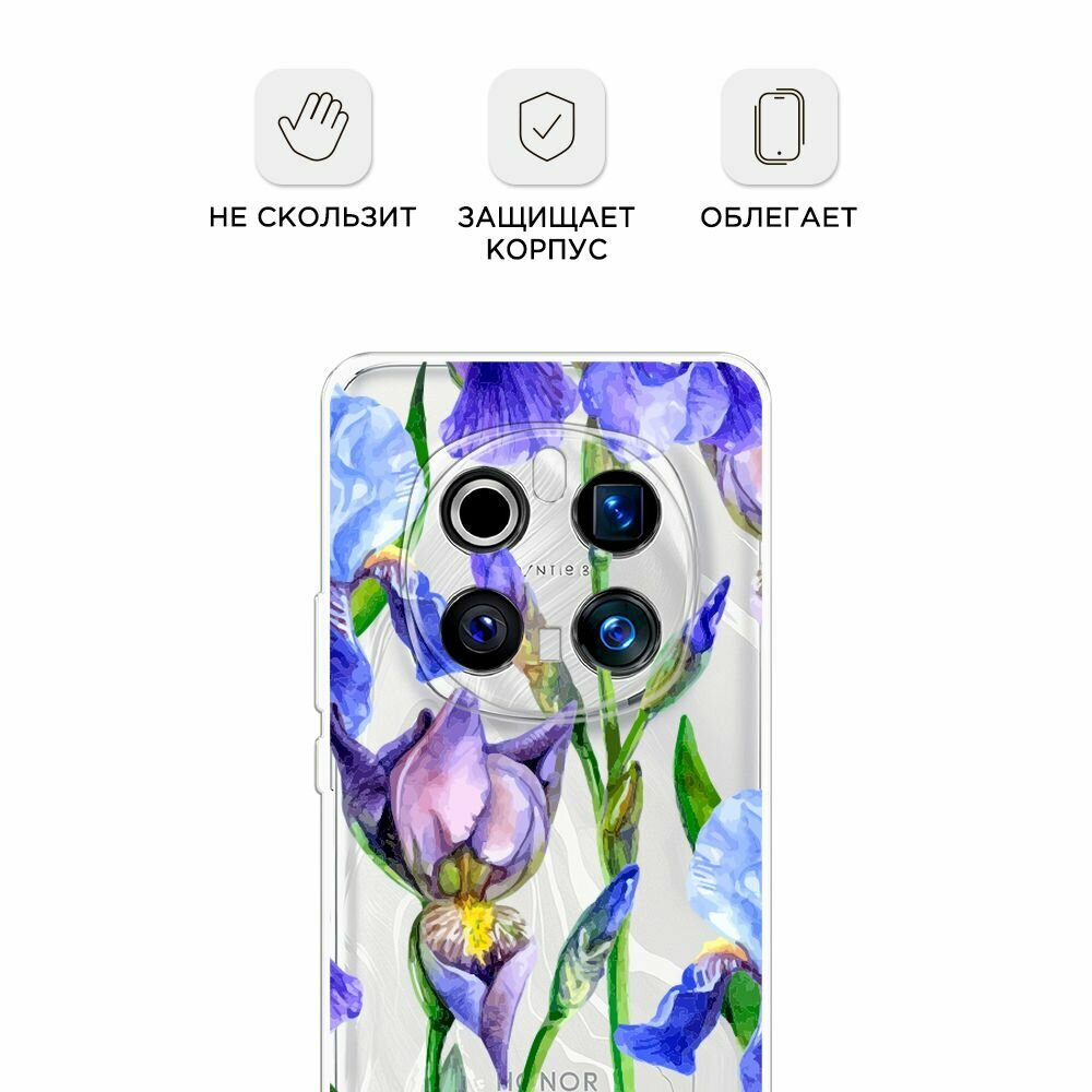 Чехол на Honor Magic 7 Pro / Хонор Мэджик 7 Про с принтом "Синие ирисы", прозрачный — фото 1