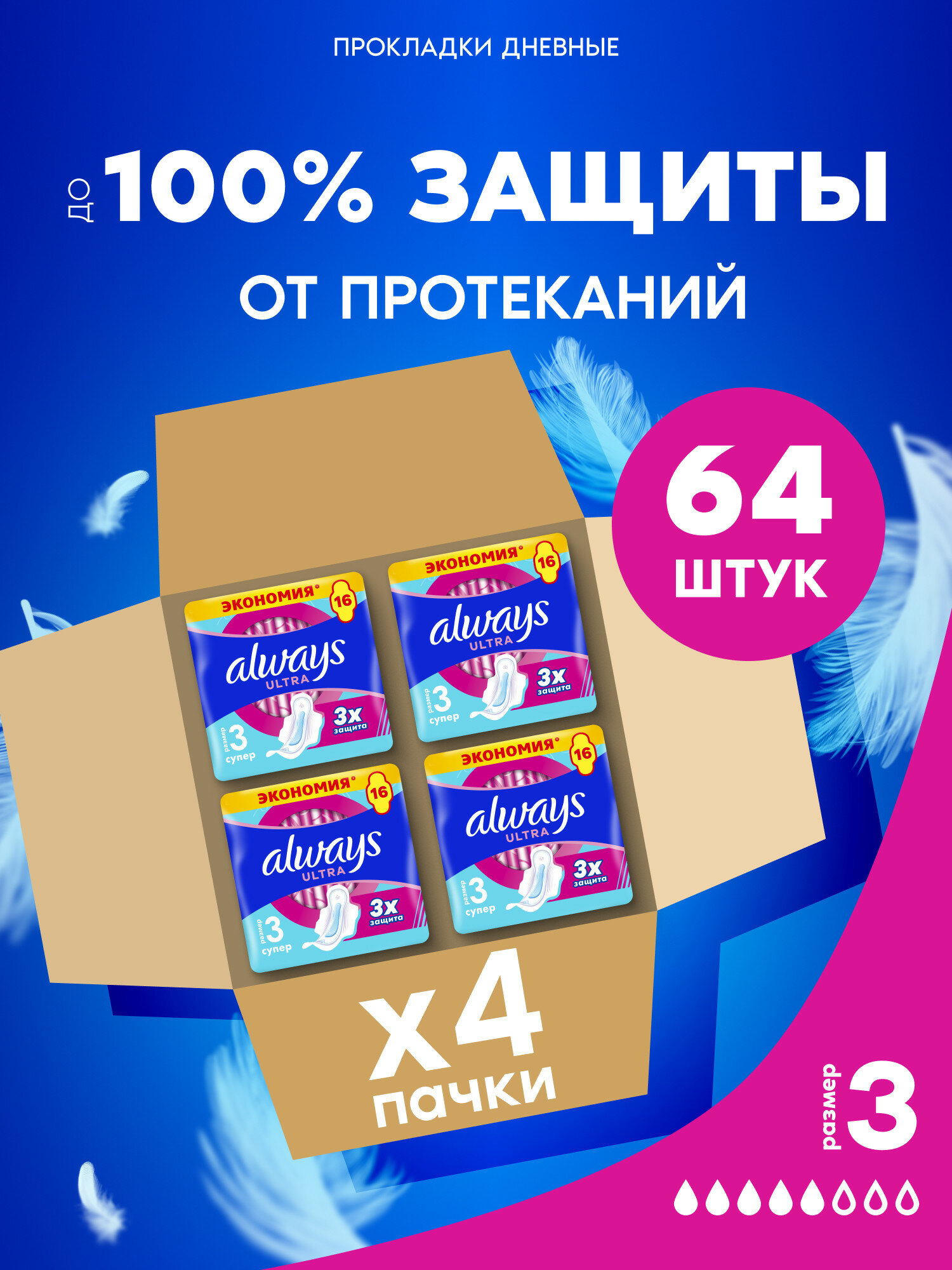 Женские гигиенические Прокладки с крылышками Always Ultra Супер, размер 3, 64 шт. — фото 1