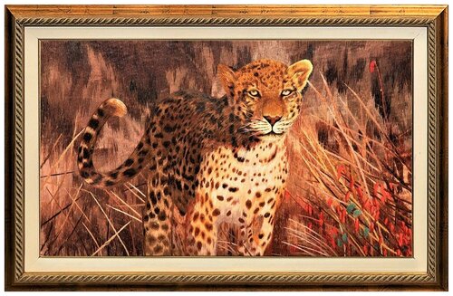 Картина вышитая шелком Авторская Леопард ручной работы/см 68х43х3/в багете