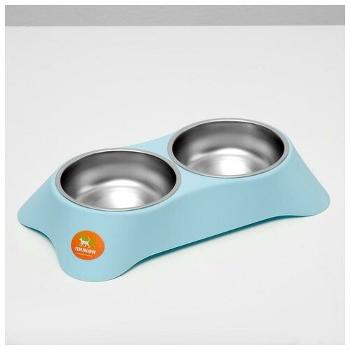 Миска металлическая двойная на устойчивом пластиковом основании, 34 х 20 х 6,5 см, голубая, 400 мл