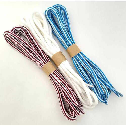 Шнурки Яркие 120 см, прочные, с сердечником, 3 пары, белые, бордово-белые, бело-голубые