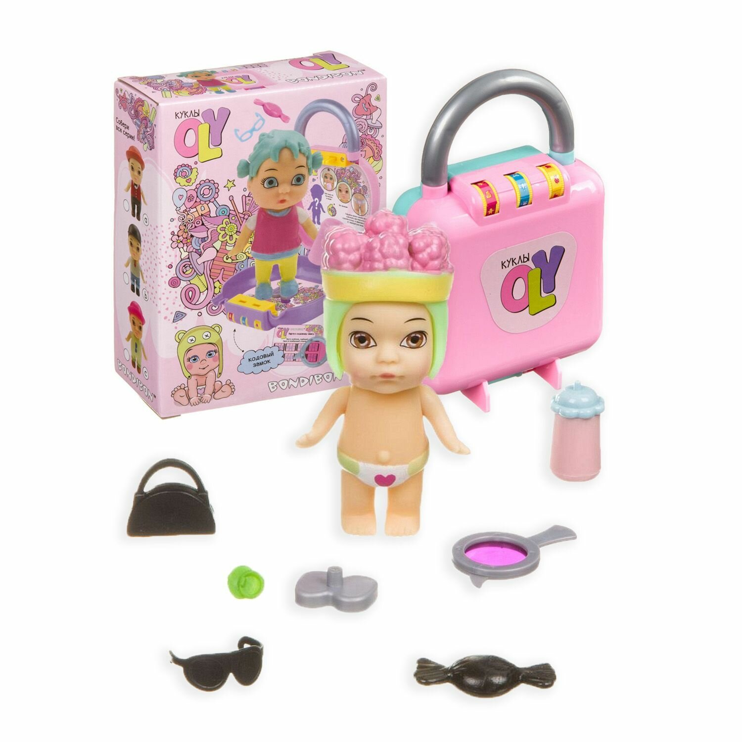 Кукла OLY мальчик-А во фруктово -конфетной шапочке и аксессуарами в чемоданчике на кодовом замке BOX 11.7*4,8*16 см