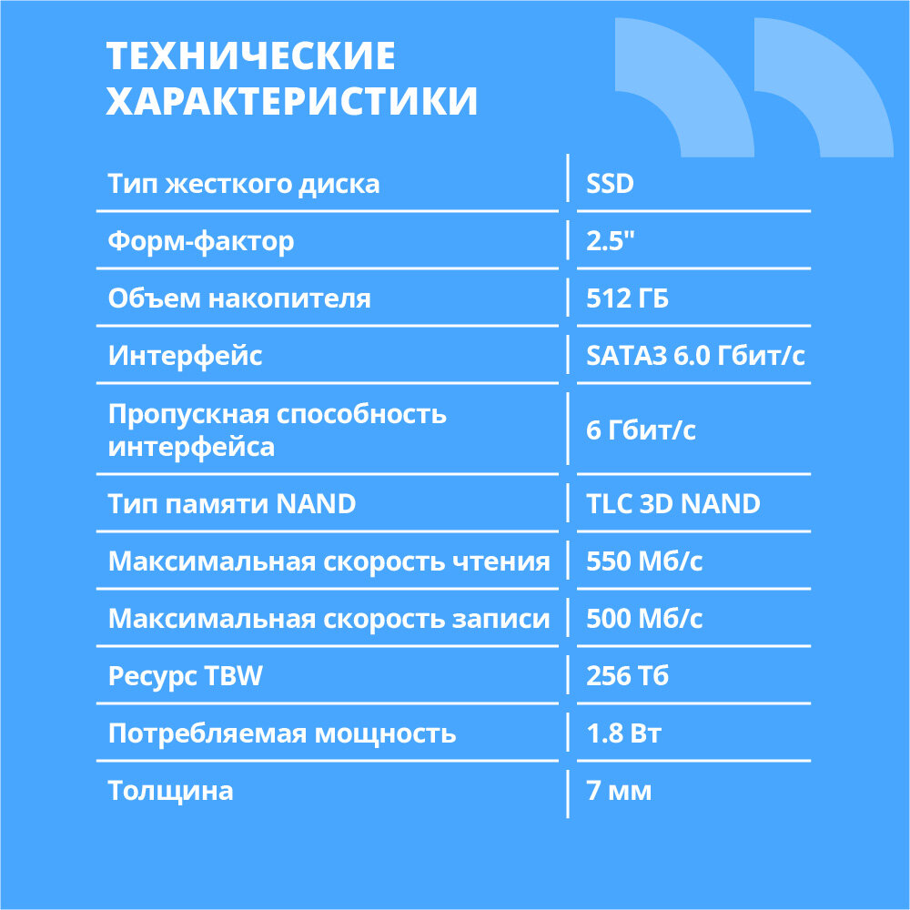 Cbr накопитель SSD-512GB-2.5-BS24b, Внутренний SSD-накопитель, серия "Base", 512 GB, 2.5", SATA III 6 Gbit s, 3D TLC NAND, R W speed up to 550 500 — фото 1