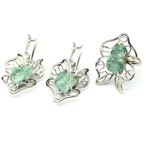 Комплект бижутерии Радуга Камня: серьги, кольцо, кристалл, размер кольца 18, зеленый
