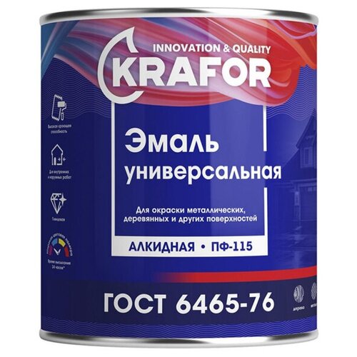 Эмаль ПФ-115 универсальная Krafor, алкидная, глянцевая, 0,8 кг, серая