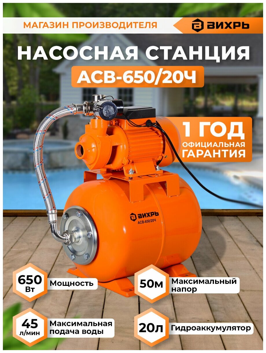Автономная станция водоснабжения для дома и дачи АСВ-650/20Ч Вихрь (45л/мин)