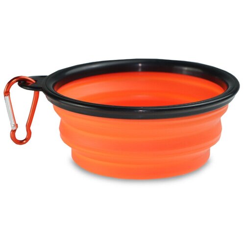 Миска для животных силиконовая складная, 650 мл , дорожная, с карабином, оранжевая.