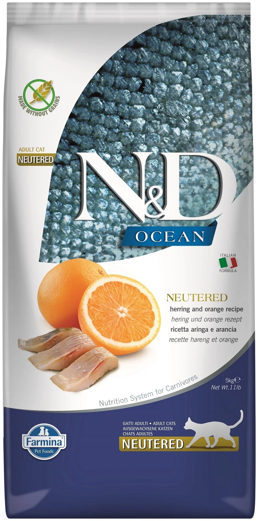 FARMINA CAT N&D OCEAN NEUTERED HERRING & ORANGE беззерновой для взрослых кастрированных котов и стерилизованных кошек с сельдью и апельсином (5 кг)