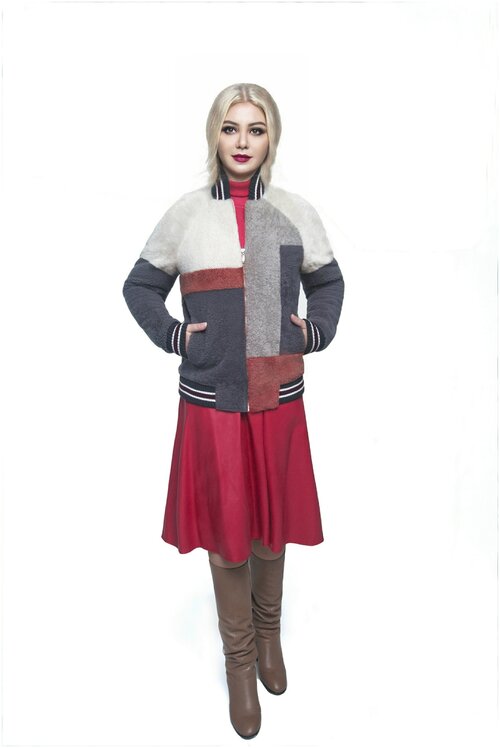 Женская куртка бомбер, размер 44-46 на молнии из овчины в стиле Color Block