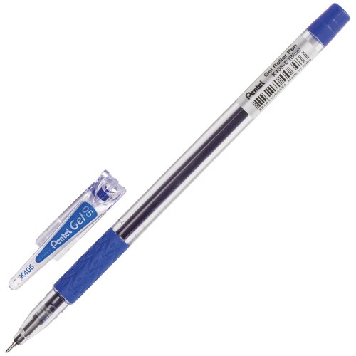Ручка гелевая с грипом PENTEL (Япония), синяя, корпус прозрачный, узел 0,5 мм, линия письма 0,25 мм, K405-CN
