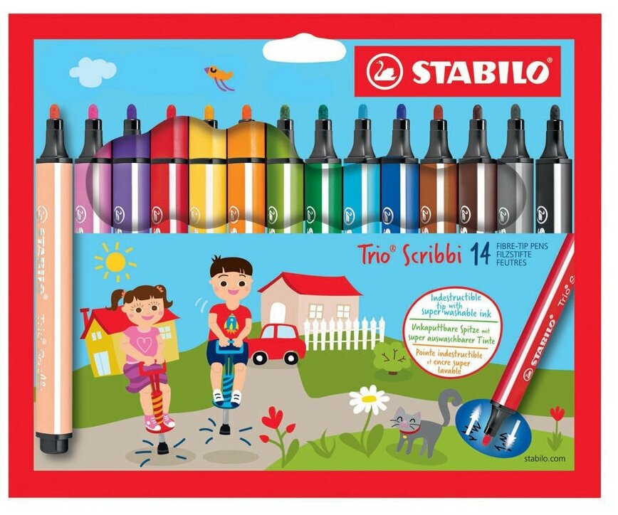 Фломастеры трехгранные утолщенные на водной основе c суперпрочным наконечником STABILO Trio Scribbi  14 цветов