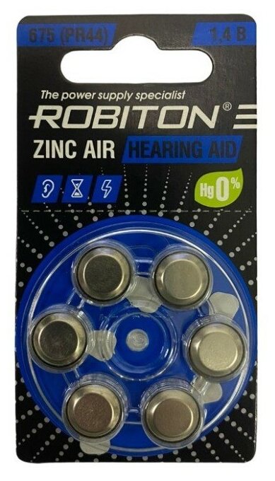 Батарейка ROBITON HEARING AID R-ZA675-BL6 675 PR44 DA675 V675A BL6, 6 шт в упаковке.