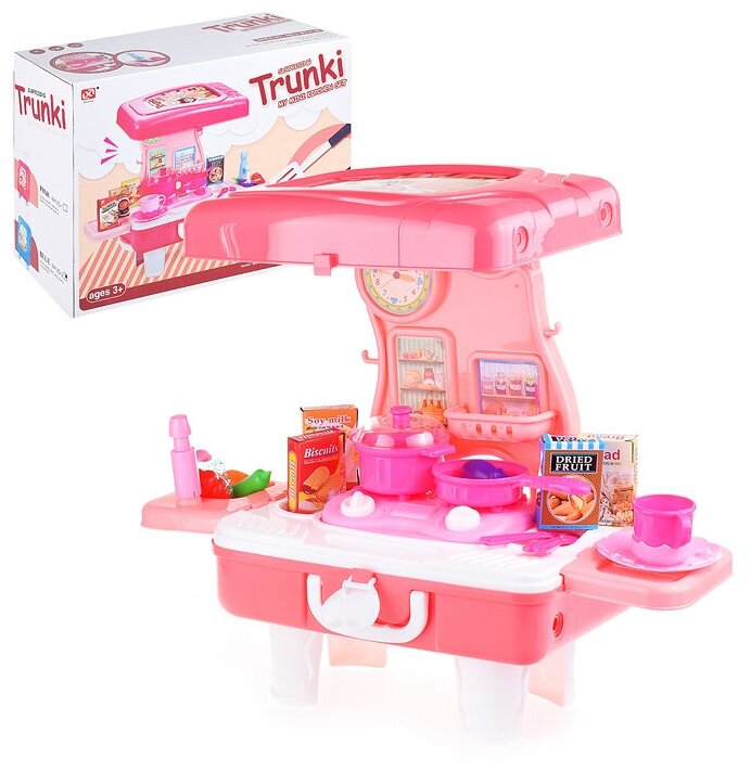 Кухня детская игрушечная с посудой и продуктами, подача воды, свет, звук, складывается в чемодан на колесах / Игровой набор Oubaoloon 8413D-2 в коробке