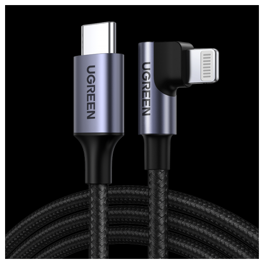 Кабель Ugreen , угловой, USB-C - Lightning, 1 м, серо-черный