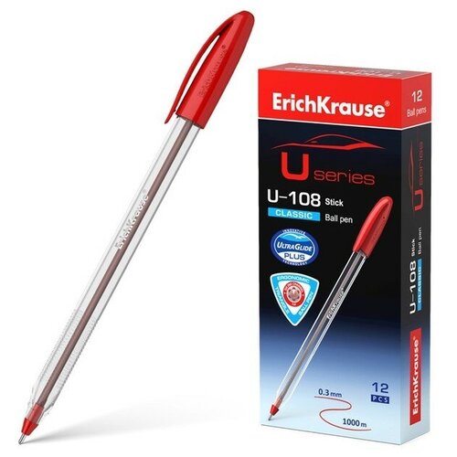 Ручка шариковая ErichKrause U-108 Classic Stick 1.0, Ultra Glide Technology, красная./В упаковке шт: 12