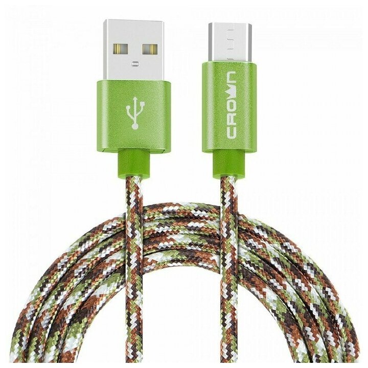 Кабель Crown CMCU-3092M military, microUSB - USB, 2А, 1м, тканевая оплетка, металл, хаки 9246591