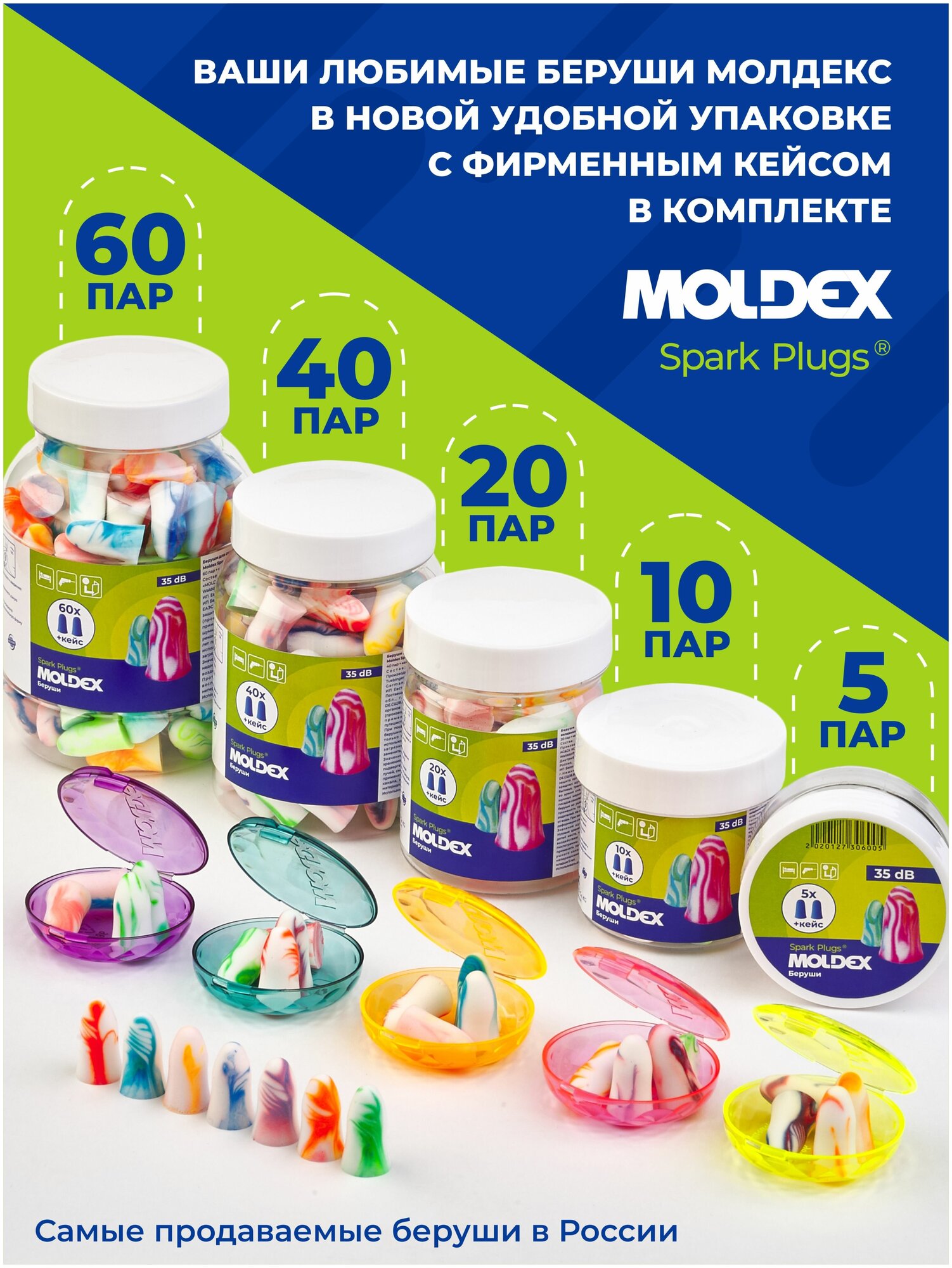 Беруши для сна (противошумные вкладыши) Moldex Spark Plugs, 5 пар с кейсом