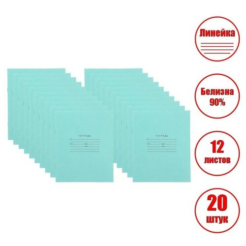 Комплект тетрадей из 20 шт, 12 листов, линейка, Зеленая обложка, офсет №1, белизна 90%