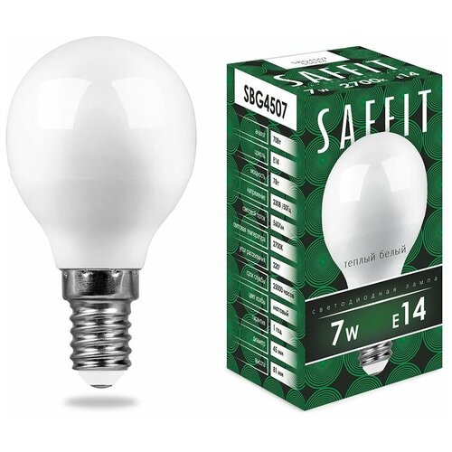 Лампа светодиодная LED 7вт Е14 теплый матовый шар (SBG4507) | код 55034 | SAFFIT (3шт.в упак.)