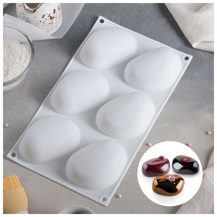 фото Форма для муссовых десертов и выпечки Доляна "Стоун", 30*18*3 см, 6 ячеек, 9,5*7 см, цвет белый