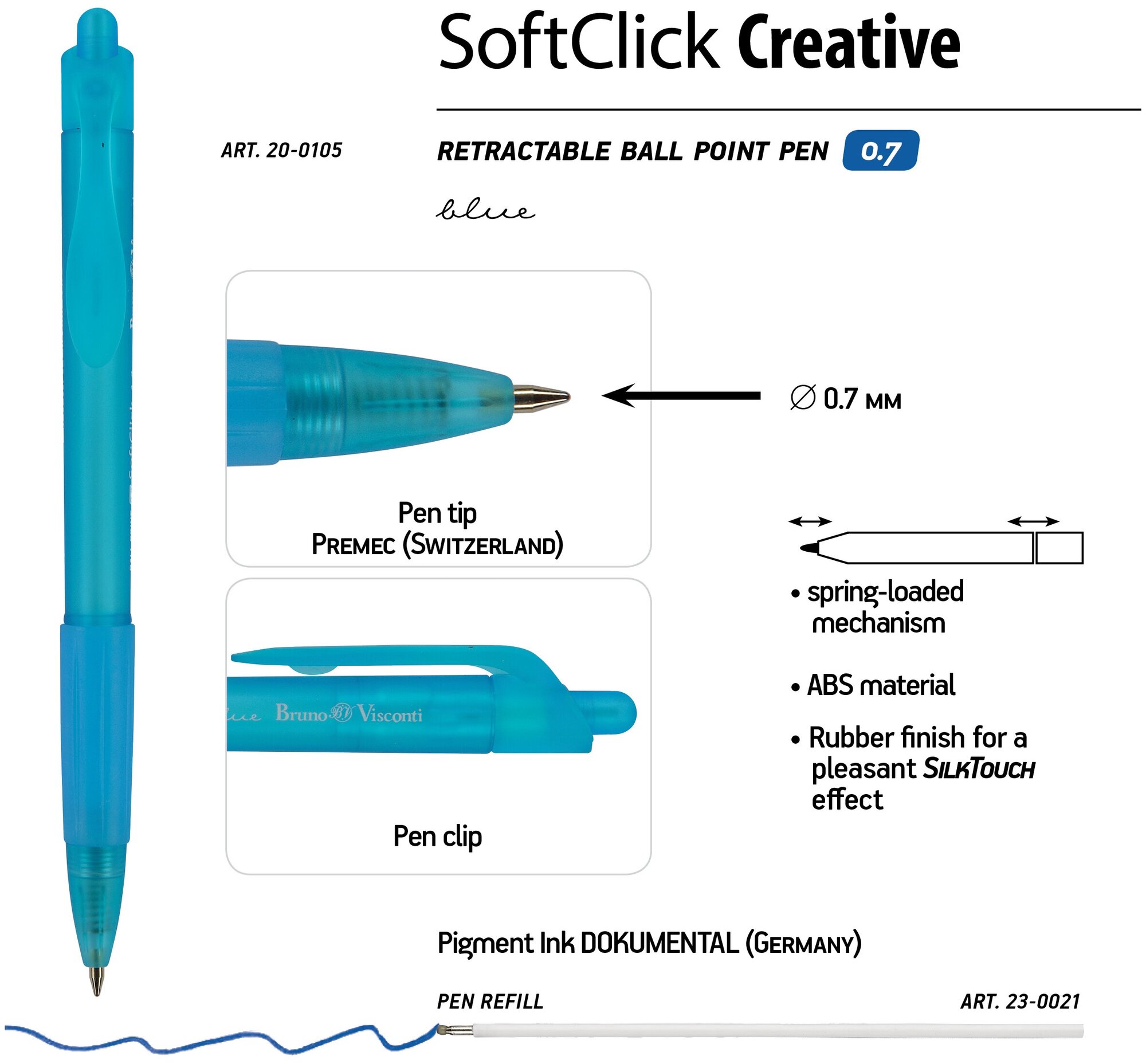 Ручка шариковая автоматическая BrunoVisconti, 0.7 мм, синий, SoftClick Zefir, Арт. 20-0105