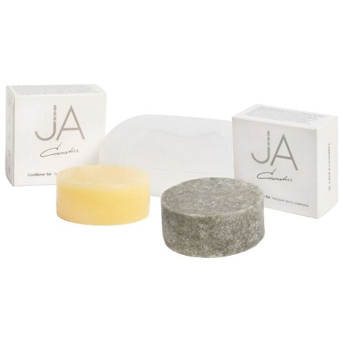 J &A cosmetics набор: твердый фито шампунь для комбинированного типа волос (для жирных у корней и сухих на кончиках) + твердый кондиционер + мыльница