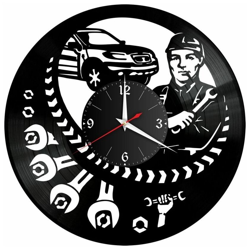 Часы из винила Redlaser "Автосервис, механик, автомобиль, гаечные ключи" VW-10840