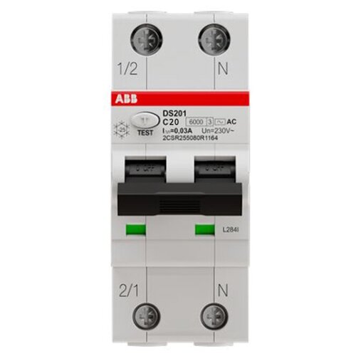 Дифференциальный автоматический выключатель ABB DS201 C20 AC30, 1P+N, 20A, 30mA, 6kA, тип AC, характеристика C (2CSR255080R1204)