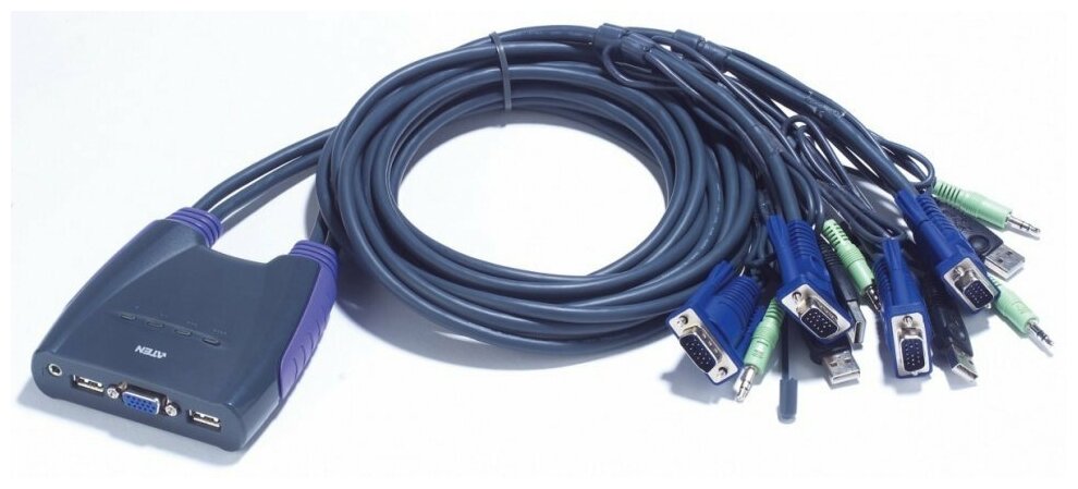 Переключатель, электрон., KVM+Audio, 1 user USB+VGA => 4 cpu USB+VGA, со встрШнурами USB 2x1.2м., 2048x1536, настол., исп., без OSD, некаскад.., [CS64U] ATEN CS64UZ