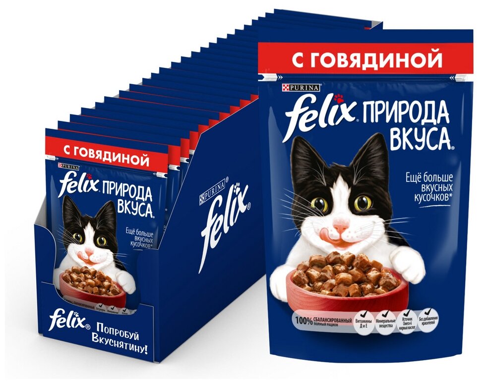 Влажный корм Felix Природа вкуса для взрослых кошек, с говядиной в соусе 75 г х 26 - фотография № 1