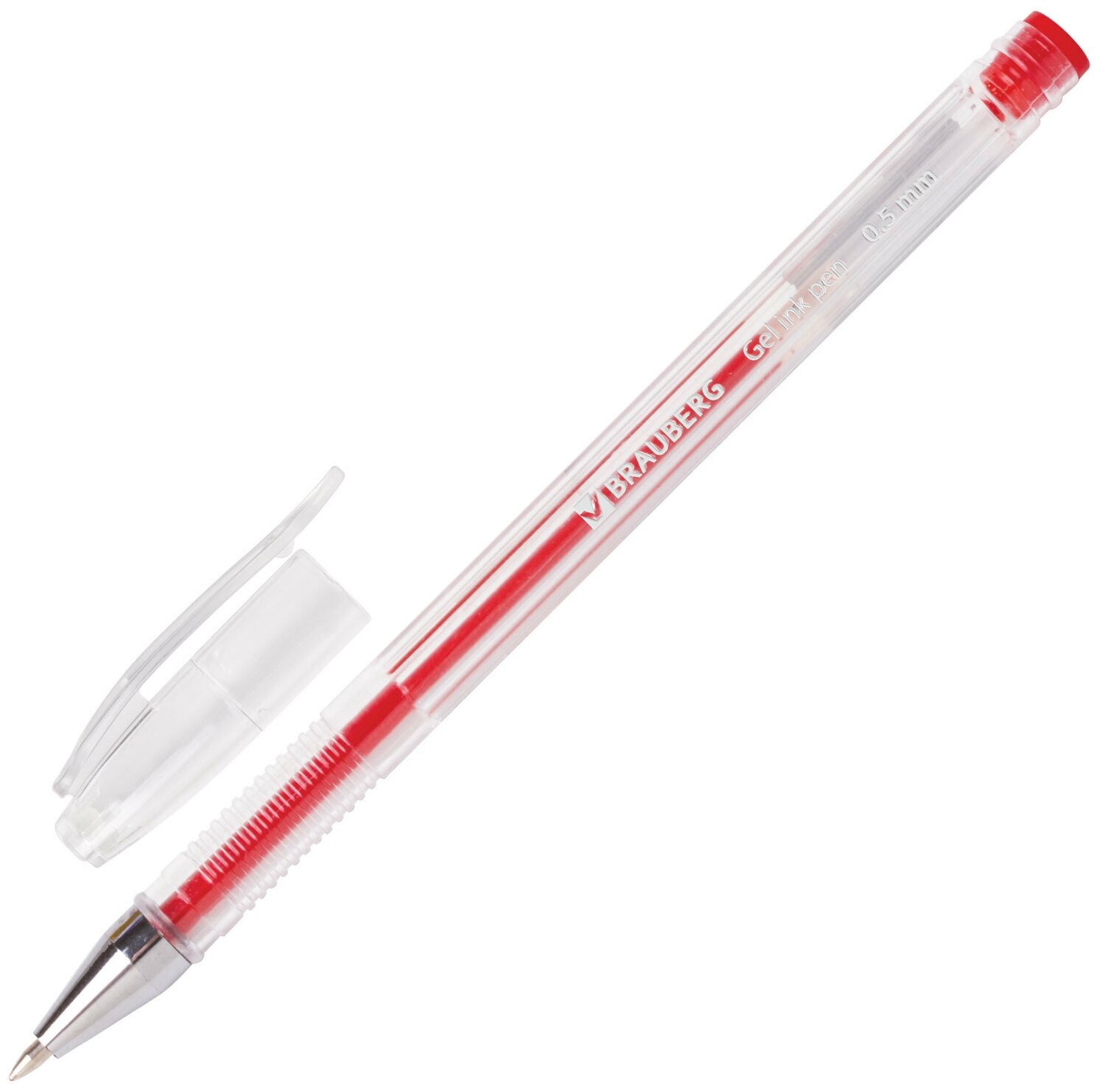 Ручка гелевая BRAUBERG "Jet", красная, корпус прозрачный, узел 0,5 мм, линия письма 0,35 мм, 141020 В комплекте: 24шт.
