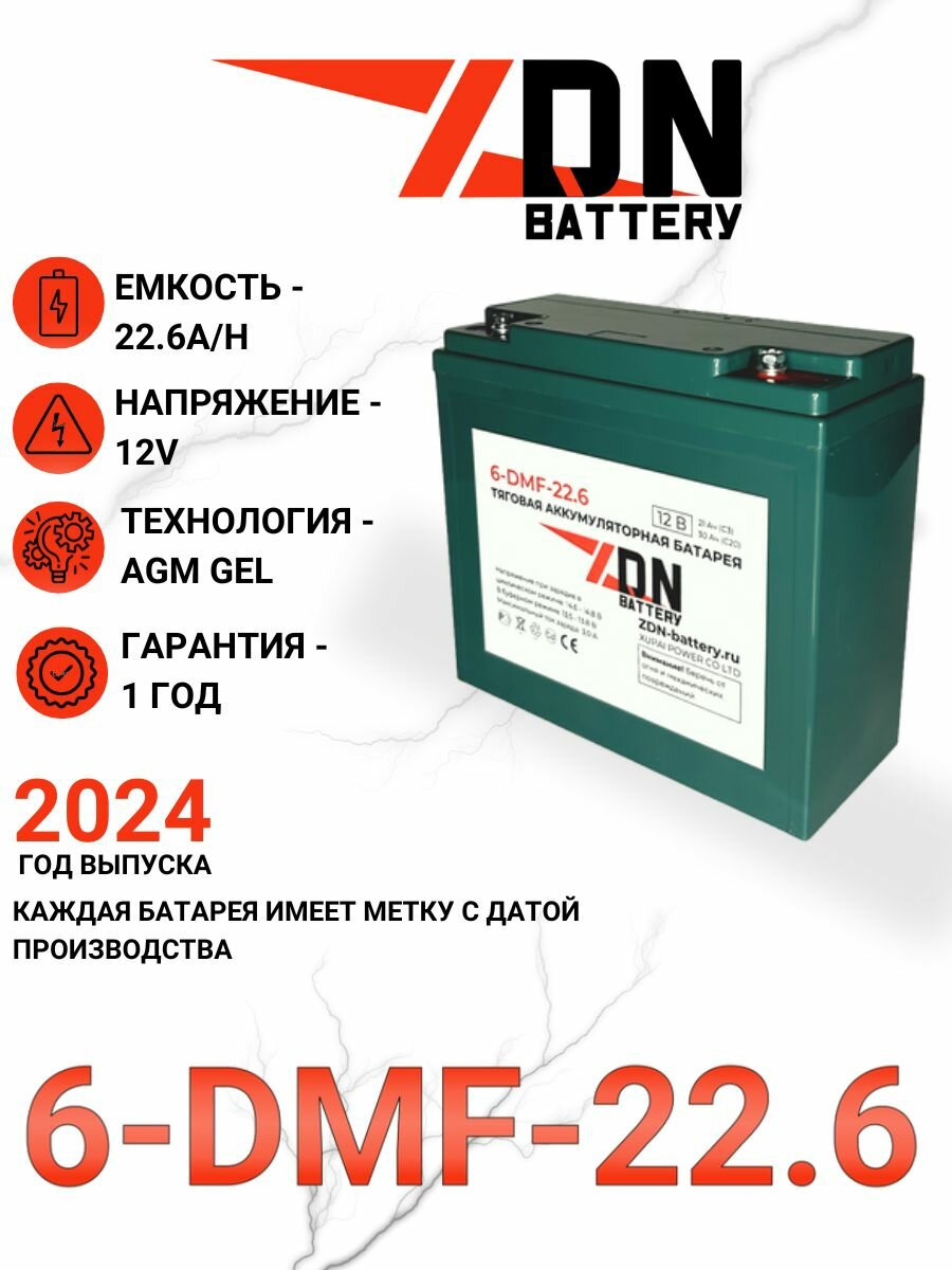 Тяговый AGM GEL аккумулятор ZDN 6-DMF-22.6 (6-DZF-20) (12V22.6A/H C2)