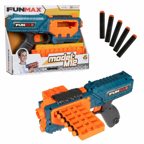 Бластер механический 1toy Funmax M12 обойма на 10 выстрелов, в компл. 10 EVA снарядов водные пистолеты и бластеры bondibon бластер оружейник 3 мягкие пули с пластиковыми пульками и мишенью вв4887