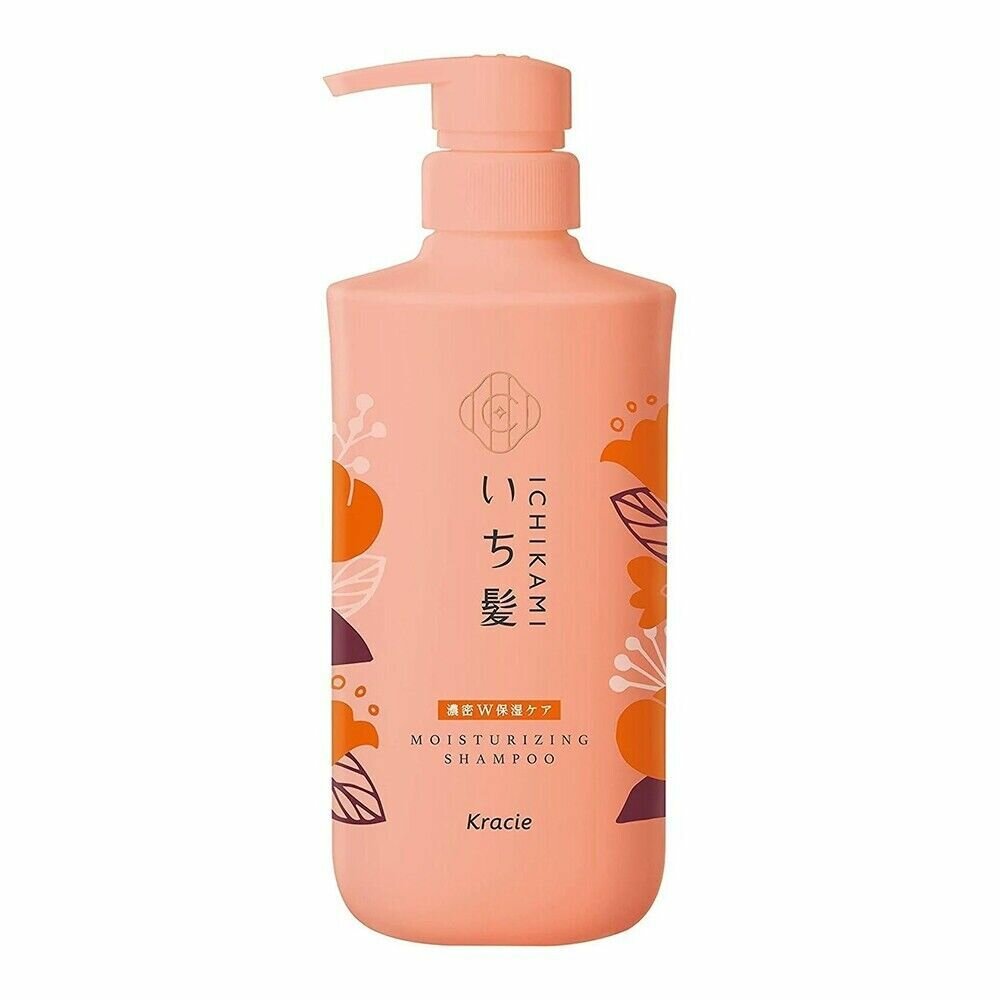 KRACIE Ichikami Double Moisturizing Care Shampoo Шампунь для интенсивного увлажнения поврежденных волос, с ароматом абрикоса и цветущей горной вишни, помпа 480 мл