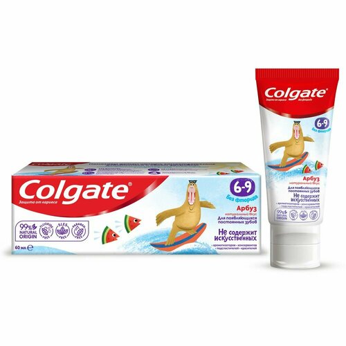 Набор из 3 штук Зубная паста детская Colgate Fрбуз без фторида 6-9лет, 60мл зубная паста colgate kids 6 9лет клубника мята 60мл