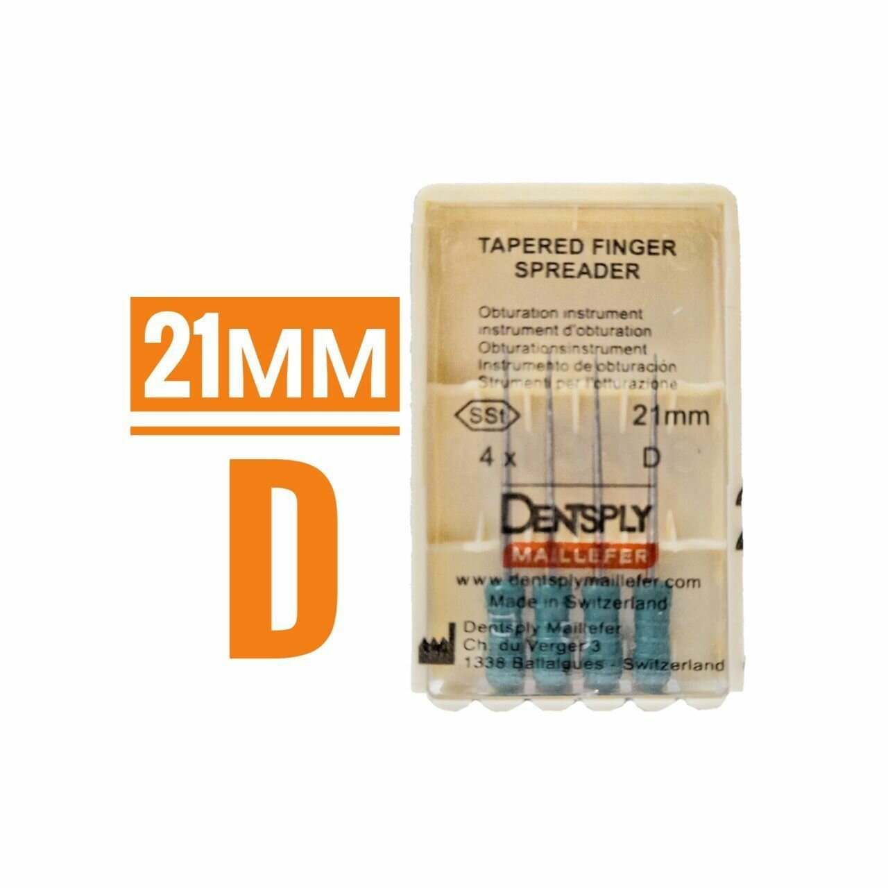 Инструмент ручной для уплотнения гуттаперчевых штифтов Dentsply Maillefer Tapered Finger Spreader длина 21 мм № D (4 шт)для латеральной конденсации, 4 шт/уп. от Incidental