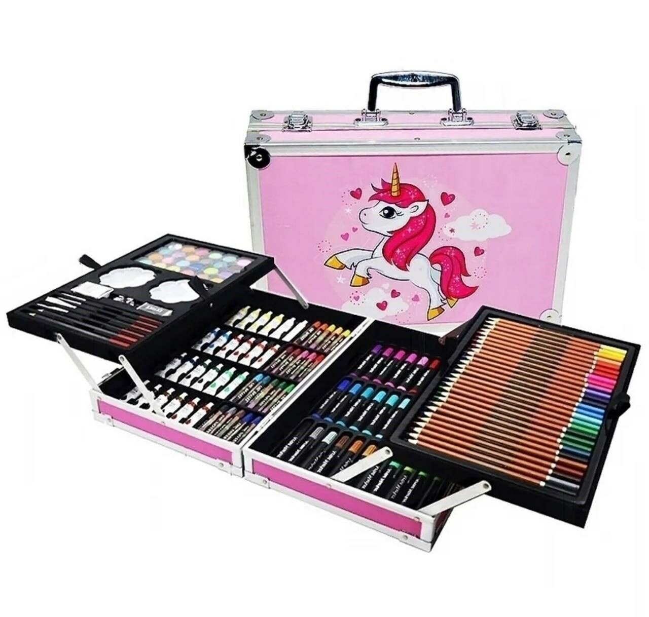 Набор для рисования "Чемодан творчества" с красками, в алюминиевом чемоданчике, 145 предметов, розовый