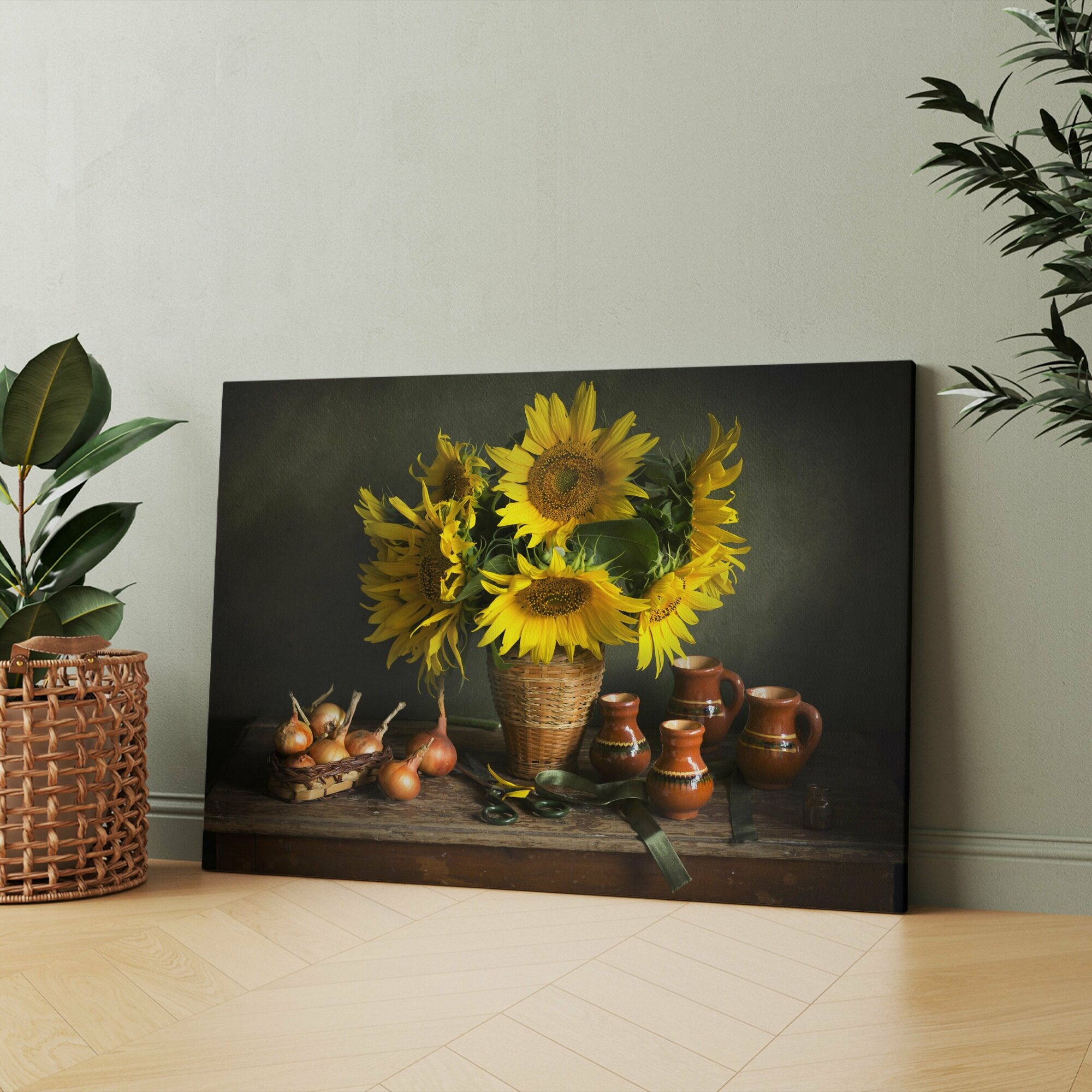 Картина на холсте "Букет подсолнухов в вазе на столе" 50x70 см. Интерьерная, на стену.