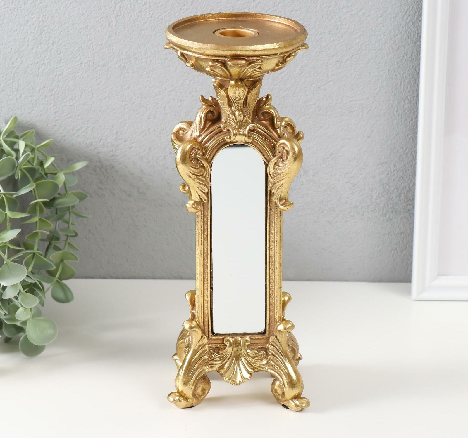 Подсвечник полистоун на 1 свечу "Империя" золото с зеркалом 9,5х7х26 см