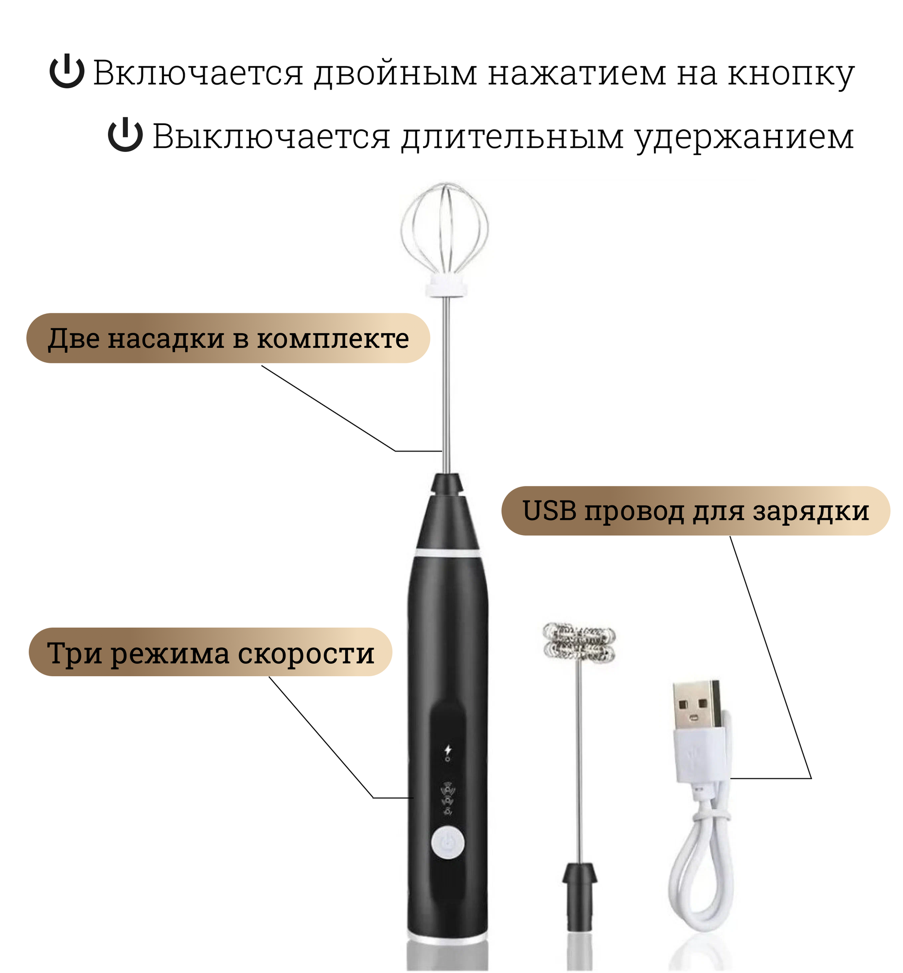 Капучинатор для молока / Вспениватель с USB зарядкой / Мини-миксер / Три режима и две насадки, Черный — фото 1