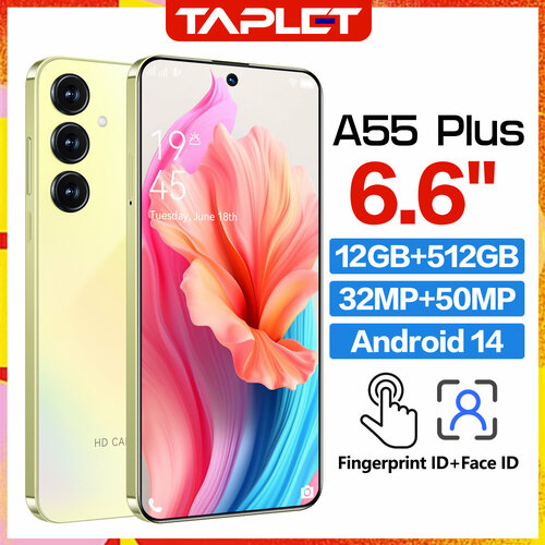 Смартфон A55 Plus Мобильный телефон 5G 12512 ГБ желтый 9300₽