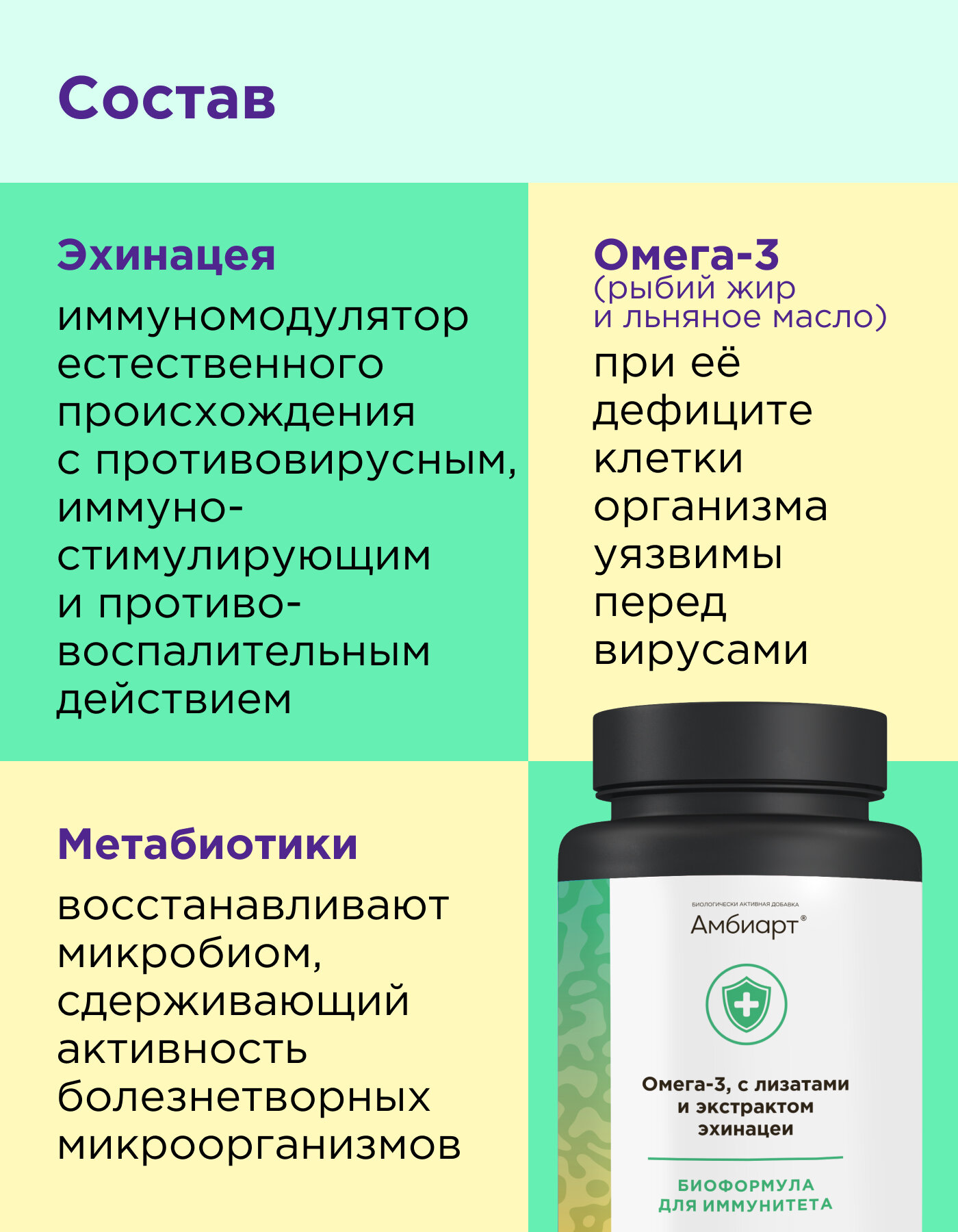 Бад Для Укрепления Иммунитета Амбиарт Биоформула для иммунитета/ БАД с Омега-3, с лизатами и экстрактом эхинацеи, 60 шт