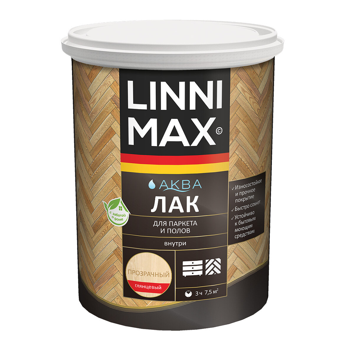 Лак паркетный Linnimax Аква, акриловый, глянцевый, 0,9 л, 1 шт, пластиковая банка