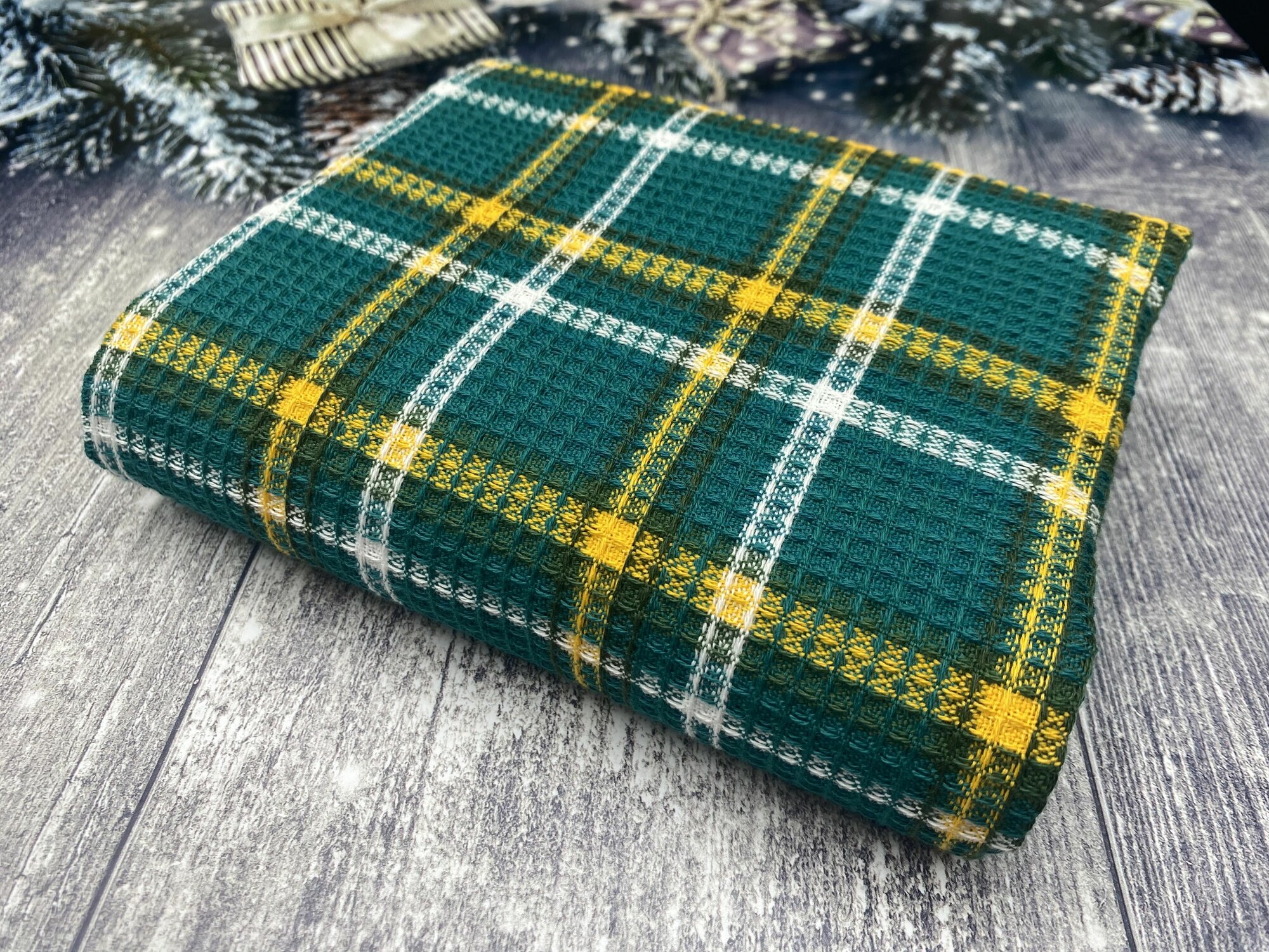 Набор полотенец вафельных пестротканных кухонных для рук Зеленая клетка 2 штуки 45*70 см