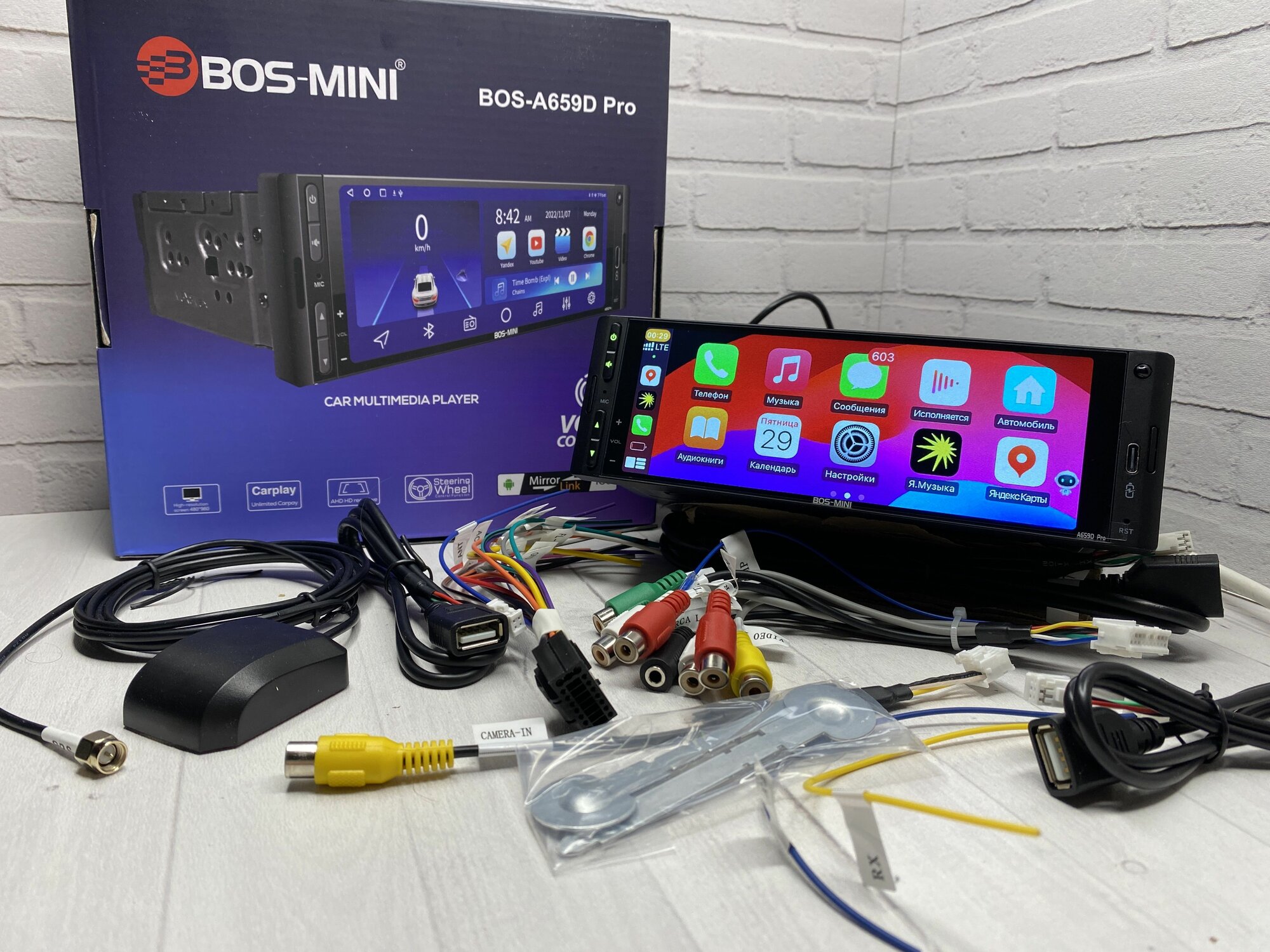 Автомагнитола 1din Bos-Mini BOS-А659D PRO 4+64G c навигатором и блютус (CarPlay, GPS, Wi-Fi, Bluetooth)