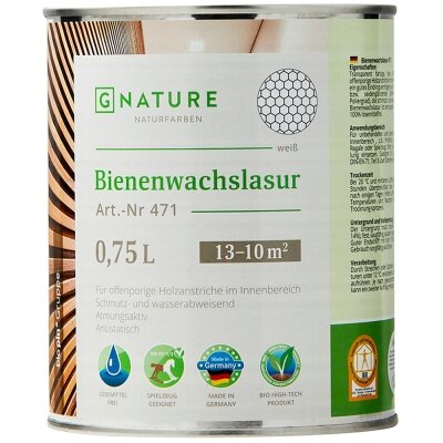 Лазурь Gnature 471 Bienenwachslasur с пчелиным воском для деревянных стен и потолков белый 075л