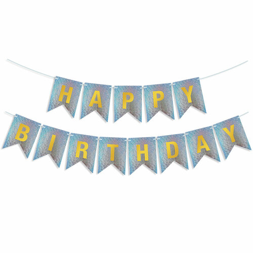 фото Гирлянда бумажная волна веселья флажки happy birthday серебро голография, 350 см 17х12 см